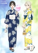 2girls black_sandals blonde_hair blue_kimono braid brown_hair commentary cotton_candy curtained_hair feet fingernails flip-flops floral_print floral_print_kimono full_body hair_behind_ear highres holding_kinchaku japanese_clothes k_(kamo_kamen) kamo_kamen kimono kinchaku looking_at_viewer low_twin_braids m_(kamo_kamen) multiple_girls obi obijime open_mouth original pouch print_kimono sandals sash short_hair simple_background straight-on teeth toenails twin_braids twitter_username upper_teeth_only white_kimono white_sandals yukata rating:g score:9 post #10133267