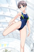 1girl absurdres blue_eyes blue_one-piece_swimsuit breasts commentary_request competition_swimsuit covered_navel feet_out_of_frame foot_up glass_ceiling grey_hair highleg highleg_one-piece_swimsuit highres leg_lift looking_at_viewer medium_breasts multicolored_swimsuit one-piece_swimsuit original short_hair solo stretching string_of_flags swimsuit takafumi variant_set rating:s score:0 post #10174088