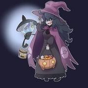 1girl @_@ absurdres black_dress black_hair black_nails black_shoes breasts cape commentary_request cosplay dress halloween halloween_bucket hat hex_maniac_(pokemon) hex_maniac_(pokemon_rse) hex_maniac_(pokemon_rse)_(cosplay) hex_maniac_(pokemon_xy) highres lampent long_hair looking_at_viewer messy_hair open_mouth pokemon pokemon_(creature) pokemon_rse pokemon_xy purple_cape shoes small_breasts witch_hat zzz_moresleep rating:g score:30 post #8565904