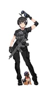 1girl absurdres ahoge alternate_costume ar-15 araragi_tsukihi arm_up armband assault_rifle black-framed_eyewear black_armband black_eyes black_gloves black_hair black_pants black_shirt body_armor dog egg_hair_ornament firstdayiyui food-themed_hair_ornament fried_egg full_body gloves gun hair_ornament highres holding holding_removed_eyewear looking_at_viewer monogatari_(series) pants police police_uniform rifle s.w.a.t. shirt short_hair simple_background solo standing tactical_clothes triangle_mouth unworn_eyewear weapon white_background rating:g score:7 post #10112801