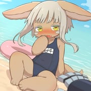 1other absurdres animal_ears blue_one-piece_swimsuit blush body_fur cloud commentary day fang furry green_eyes grey_hair hand_to_own_mouth highres horizontal_pupils innertube looking_at_viewer made_in_abyss multicolored_eyes name_tag nanachi_(made_in_abyss) newbear old_school_swimsuit one-piece_swimsuit open_mouth orange_eyes other_focus outdoors pov rabbit_ears reg_(made_in_abyss) school_swimsuit sitting swim_ring swimsuit tail water whiskers yellow_eyes rating:s score:3 post #10048048