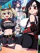 3girls absurdres artist_name ass bartender belt black_belt black_gloves black_jacket black_skirt black_thighhighs blonde_hair bongftah breasts burnice_white closed_mouth commentary crop_top cropped_jacket crossover earrings eyewear_on_head final_fantasy final_fantasy_vii final_fantasy_vii_remake fingerless_gloves gloves hair_ornament highres holding indoors jacket jewelry jill_stingray ladder large_breasts long_sleeves looking_at_viewer looking_back medium_hair multiple_crossover multiple_girls open_mouth purple_hair red_eyes skirt smile striped_clothes striped_thighhighs sunglasses symbol-only_commentary teeth thighhighs tifa_lockhart trait_connection two_side_up underbutt upper_teeth_only va-11_hall-a zenless_zone_zero rating:s score:25 post #10161357