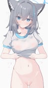 1girl absurdres animal_ear_fluff animal_ears ass_visible_through_thighs bar_censor blue_archive blue_eyes blue_halo blush bottomless breasts censored closed_mouth clothes_lift collarbone cowboy_shot cross cross_hair_ornament extra_ears grey_hair groin gym_shirt hair_ornament halo highres inverted_cross long_hair looking_at_viewer medium_breasts navel nipples nui_(nuinui0300) puffy_short_sleeves puffy_sleeves pussy pussy_juice shiroko_(blue_archive) shirt shirt_lift short_sleeves simple_background solo sweat sweaty_clothes variant_set wet wet_clothes wet_shirt white_background white_shirt wolf_ears wolf_girl rating:e score:17 post #10172720