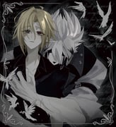 0w0_back 2boys absurdres animal_ears bicep_strap bird black_shirt blonde_hair body_fur collarbone colored_tips commentary_request dark_background english_text facing_viewer furry furry_male furry_with_non-furry grey_eyes grey_vest hair_between_eyes hair_over_one_eye half-closed_eyes heterochromia highres hug hug_from_behind hugo_vlad interspecies looking_down male_focus mole mole_under_eye multicolored_hair multiple_boys muzzle_(mask) open_mouth partially_unbuttoned pectoral_cleavage pectorals pointy_ears red_eyes scar scar_on_arm shirt sleeves_rolled_up vest von_lycaon white_bird white_fur white_hair white_shirt wolf_boy wolf_ears yaoi zenless_zone_zero rating:s score:-1 post #10171768