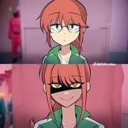 2girls @_@ blurry blurry_background brown_eyes chainsaw_man closed_mouth commentary english_commentary glasses green_jacket hair_between_eyes highres jacket kobayashi-san_chi_no_maidragon kobayashi_(maidragon) long_hair looking_at_viewer makima_(chainsaw_man) meme morgzkun multiple_girls ponytail red_hair shaded_face sidelocks smile squid_game straight-on upper_body year_1_&_year_2_(squid_game)_(meme) yellow_eyes rating:g score:8 post #10165061