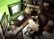 1boy absurdly_detailed_composition absurdres adobe adobe_photoshop black_eyes black_hair black_mask black_shirt black_shorts bookshelf cellphone chair commentary_request computer computer_mouse cup desk flip_phone highres hugging_own_legs indoors korean_commentary loaded_interior looking_at_viewer mahou_shoujo_madoka_magica male_focus mask monitor mouth_mask mug neko_no_ongaeshi netflix non-binary_flag on_chair original p_(pm_611a) pale_skin paper phone rainbow_flag shirt shorts solo soul_gem squatting sticky_note stylus table tablet_pc the_baron_(mimi_wo_sumaseba) tissue_box transgender_flag youtube rating:g score:6 post #9072056