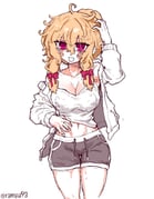 1girl alternate_costume armpits bare_shoulders black_shorts blonde_hair breasts cleavage collarbone hair_bun hair_ribbon highres hood hoodie large_breasts looking_at_viewer messy_hair midriff navel open_clothes open_hoodie pink_eyes rampa93 ribbon scratching_head scratching_stomach shorts sidelocks sleepy solo tank_top tearing_up thighs touhou twitter_username white_background white_hoodie white_tank_top yakumo_yukari yawning rating:s score:3 post #10174726