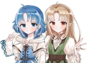 2girls ahoge black_bow blue_bow blue_eyes blue_hair bow brown_hair elf highres hood hooded_jacket jacket lara_greyrat long_hair lucy_greyrat multiple_girls mushoku_tensei pointy_ears red_eyes siblings sisters smile spica59 v rating:g score:1 post #10175646