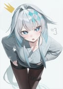 1girl absurdres alternate_costume apopo blue_eyes blue_streaks breasts cerydra_(honkai:_star_rail) crown diamond_(shape) hands_on_own_hips highres honkai:_star_rail honkai_(series) leaning_forward light_blush long_hair medium_breasts mini_crown pantyhose shorts solo solo_focus sweater teeth thigh_strap upper_teeth_only v-shaped_eyebrows very_long_hair white_background white_hair rating:s score:11 post #10174303