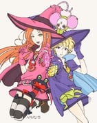 2girls absurdres animal blanca_(sugar_sugar_rune) blush cape chocolat_meilleure commentary duke_(sugar_sugar_rune) earrings frog gloves green_eyes green_scarf hair_between_eyes hat head_rest high_collar highres holding holding_wand jewelry long_hair looking_at_viewer magical_girl mouse_(animal) multiple_girls pink_cape pink_gloves pink_hat purple_cape purple_eyes purple_gloves purple_hat sash scarf short_hair signature simple_background smile sparkle striped_clothes striped_thighhighs sugar_sugar_rune thighhighs vanilla_mieux wand white_background witch witch_hat yuxx00xxx rating:g score:2 post #10175205