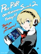 1girl aigis_(persona) android aqua_eyes black_jacket blonde_hair blue_background blue_eyes bow emblem english_text game_console gekkoukan_high_school_uniform gold_hairband hairband handheld_game_console highres holding holding_handheld_game_console jacket long_sleeves looking_at_viewer mechanical_hands nintendo_switch nintendo_switch_2 official_art persona persona_3 persona_3_reload playing_games robot robot_ears school_uniform short_hair simple_background smile soejima_shigenori teeth rating:g score:5 post #10165069