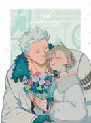 1boy 1girl absurdres anniversary asymmetrical_bangs bare_shoulders blue_flower blush border bouquet brown_eyes choker cigarette_burn closed_eyes closed_mouth collarbone commentary_request couple dog_tags facial_hair flower flower_wrapper fur-trimmed_jacket fur-trimmed_sleeves fur_trim goatee_stubble green_flower grey_hair half-closed_eyes hand_on_another's_waist happy happy_tears hetero highres holding holding_bouquet jacket kabane_(rjev8385) light_smile long_sleeves looking_at_another o-ring o-ring_choker oc_x_canon off-shoulder_shirt off_shoulder one_piece open_mouth pink_flower ponytail puffy_long_sleeves puffy_sleeves shirt short_hair short_ponytail smile smoker_(one_piece) stubble swept_bangs tearing_up tears teeth upper_body upper_teeth_only white_border white_choker white_flower white_hair white_jacket white_shirt rating:g score:0 post #10176329