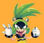 1girl \m/ absurdres animal_ear_piercing black_shirt blue_eyes furry furry_female gloves green_fur highres hikariviny jewelry open_mouth orange_background pants ring sharp_teeth shirt simple_background sleeveless sleeveless_shirt solo sonic_(series) sonic_the_hedgehog_(idw) surge_the_tenrec teeth tongue tongue_out upper_body white_gloves yellow_pants rating:g score:1 post #10157892