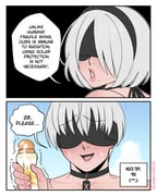 1boy 1girl 2b_(nier:automata) 2koma 9s_(nier:automata) absurdres artist_name black_collar black_hairband blindfold blush bottle collar comic commentary dangerousbride english_text grey_hair hairband highres holding holding_bottle lotion mole mole_under_mouth nier:automata nier_(series) sunscreen sweat trembling rating:g score:5 post #10175198