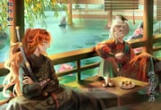 2girls absurdres alternate_costume bamboo_screen black_hanfu bottle chinese_clothes crossed_arms cup day dim_sum flower grey_eyes grey_hair guan_hat hair_bun hanfu hashtag-only_commentary highres holding holding_cup hugging_object jian_(weapon) lily_pad looking_at_another mian_guan multiple_girls orange_hair pink_flower plate profile railing red_hanfu reverse:1999 rock short_hair single_side_bun sitting sonetto_(reverse:1999) table vertin_(reverse:1999) water willow yuha6666 rating:g score:4 post #9715183