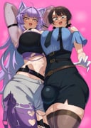 2girls ahoge animal_ears arms_behind_head arms_up belt black_necktie black_skirt black_tube_top blue_eyes blue_shirt blunt_bangs blush breasts brown_hair brown_thighhighs bulge cat_ears cat_girl cat_tail clothing_cutout fang fishnet_thighhighs fishnets from_below futanari gloves hair_ornament highres hololive large_breasts long_hair looking_at_viewer multiple_girls necktie nekomata_okayu nekomata_okayu_(personya_respect) nuezou official_alternate_costume official_alternate_hair_length official_alternate_hairstyle oozora_subaru oozora_subaru_(police) open_mouth pencil_skirt pink_background police police_uniform policewoman purple_eyes purple_hair see-through_shrug shiny_skin shirt short_hair shorts shoulder_cutout shrug_(clothing) single_leg_pantyhose skirt steaming_body strapless sweat swept_bangs tail thighhighs thighs torn_clothes torn_shorts tube_top virtual_youtuber white_gloves rating:q score:12 post #10172857