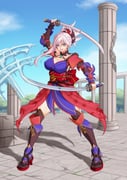 1girl absurdres asymmetrical_bangs blue_eyes breasts dual_wielding earrings fate/grand_order fate_(series) fighting_stance full_body high_heel_sandals highres holding holding_sword holding_weapon jewelry large_breasts looking_at_viewer miyamoto_musashi_(fate) open_mouth pillar pink_hair punnosalt red_sash ruins sandals sash shadow solo sword thighhighs variant_set weapon rating:s score:1 post #10174758
