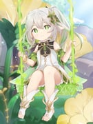 1girl absurdres bare_shoulders bloomers closed_mouth commentary cross-shaped_pupils detached_sleeves dress full_body genshin_impact gold_trim green_eyes green_hair green_sleeves hair_between_eyes hair_ornament highres iroha_(mimi0618xx) leaf_hair_ornament long_hair looking_at_viewer multicolored_hair nahida_(genshin_impact) on_swing pointy_ears side_ponytail sitting sleeveless sleeveless_dress smile solo stirrup_legwear swing symbol-shaped_pupils toeless_legwear toes white_bloomers white_dress white_hair rating:g score:7 post #10170629