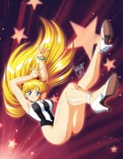 1girl aino_minako arms_up artist_name bishoujo_senshi_sailor_moon black_one-piece_swimsuit blonde_hair blue_eyes blush bracelet breasts covered_navel danmakuman full_body gloves gradient_background high_heels highres jewelry long_hair looking_at_viewer medium_breasts one-piece_swimsuit ribbon shiny_skin shoes signature simple_background skirt smile solo star_(symbol) striped_clothes swimsuit teeth thighs two-tone_swimsuit upper_teeth_only vertical-striped_clothes white_one-piece_swimsuit white_shoes rating:s score:6 post #10169708