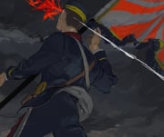 1boy alternate_body_fluid bird blood blood_spray blue_jacket blue_pants brown_hair buzz_cut cowboy_shot crane_(animal) day death dropping facing_away flag from_behind golden_kamuy hanazawa_yusaku hat headshot jacket kepi long_sleeves male_focus military_hat military_uniform murder overcast pants projectile_trail rising_sun_flag saber_(weapon) sheath sheathed short_hair shoulder_strap sky solo standard_bearer standing sunburst sword symbolism tkrkve43 very_short_hair weapon rating:s score:1 post #10165242