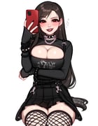 1girl alternate_costume arm_under_breasts black_choker black_hair black_nails blushyspicy breasts choker cleavage earrings english_commentary final_fantasy final_fantasy_vii fishnet_thighhighs fishnets gloves gothic_lolita highres jewelry large_breasts lolita_fashion long_hair looking_at_viewer red_eyes red_lips selfie smile solo spiked_choker spikes teeth thighhighs tifa_lockhart rating:s score:6 post #10175679