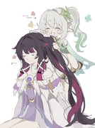 2girls ^_^ age_difference alternate_hairstyle arms_at_sides bare_shoulders black_hair blunt_bangs blush_stickers child closed_eyes closed_mouth columbina_(genshin_impact) commentary_request crescent crescent_ornament crossed_bangs dress eighth_note flipped_bangs genshin_impact green_streaks grin hair_flaps hair_intakes hair_ornament hair_ribbon happy happy_aura highres light_smile long_hair long_sidelocks low-tied_sidelocks matching_hairstyle microdress mofu163 multicolored_hair multiple_girls musical_note nahida_(genshin_impact) off_shoulder pink_hair pointy_ears purple_dress ribbon side_ponytail sidelocks simple_background sitting sketch smile standing streaked_hair talking translation_request tress_ribbon two-tone_hair tying_another's_hair u_u very_long_hair white_background white_dress white_hair x-shaped_eyewear rating:g score:10 post #10167453