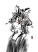 1girl absurdres bone_ash_painted_screen_(shining_nikki) bug butterfly butterfly_hair_ornament butterfly_in_eye camellia chinese_clothes chinese_hairpin closed_mouth collarbone expressionless eyelashes flower greyscale hair_bun hair_flower hair_ornament hair_rings hairpin hanfu highres lipstick long_sleeves looking_at_viewer makeup monochrome multiple_hairpins nikki_(series) parted_bangs realistic red_butterfly red_eyes sasora shining_nikki simple_background single_hair_bun solo spot_color updo upper_body white_background rating:g score:1 post #10175447