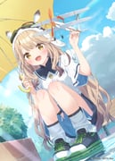 1girl :d absurdres aircraft anemoi aviator_cap bench blush cloud collared_shirt day dutch_angle fusaba_aino goggles goggles_on_headwear highres holding holding_umbrella kani_biimu long_hair looking_at_viewer loose_socks open_mouth outdoors second-party_source shirt shoes short_sleeves shorts sky smile socks solo squatting umbrella very_long_hair white_shirt white_socks yellow_eyes rating:g score:5 post #10164599