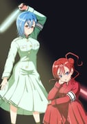 2girls armband black_background blue_eyes blue_hair blush breasts closed_mouth coat_dress commentary crossed_bangs dress glowstick green_dress hair_bun hand_on_own_cheek hand_on_own_face highres holding holding_glowstick large_breasts litecolors_radi long_dress long_sleeves looking_at_viewer love_live! love_live!_nijigasaki_high_school_idol_club love_live!_superstar!! multiple_girls open_mouth orange_eyes penlight_(glowstick) red_dress red_hair ryouran!_victory_road_(love_live!) short_hair short_hair_with_long_locks simple_background single_side_bun squatting wakana_shiki white_armband yoneme_mei rating:g score:0 post #8906913