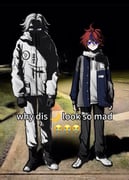 2boys ahoge aotsuki_eito black_gloves black_pants black_shoes blue_eyes blue_hair blue_jacket chinese_commentary closed_mouth commentary_request covered_mouth drawstring english_text eyelashes eyes_in_shadow full_body glasses gloves grey_hair grey_jacket hair_between_eyes height_difference high_collar highres hood hood_down hoodie i-hhdheheda jacket jacket_over_hoodie long_sleeves male_focus meme multicolored_hair multicolored_jacket multiple_boys night open_clothes open_jacket outdoors pants photo_background pocket rectangular_eyewear red_hair sanpaku semi-rimless_eyewear shoes short_hair smile sneakers streaked_hair sumino_takumi the_hundred_line_-last_defense_academy- thigh_strap two-tone_hair two-tone_jacket variant_set white_hoodie white_jacket white_pants white_shoes why_dis_ninja_look_so_mad_(meme) rating:g score:2 post #10138432