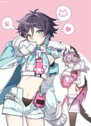 2boys animal_hands black_hair black_pantyhose blue_hair blush braid crop_top daln1m demon_boy demon_wings detached_sleeves dragon_horns genshin_impact gloves gradient_hair green_eyes heart highres hood horns long_sleeves looking_at_viewer male_focus midriff mini_durin_(genshin_impact) mini_durin_(human)_(genshin_impact) multicolored_hair multiple_boys navel open_mouth pantyhose paw_gloves paw_print pink_background purple_hair red_eyes short_hair short_shorts shorts speech_bubble spoken_heart spoken_squiggle squiggle tail trap twin_braids venti_(genshin_impact) white_gloves white_shorts wings rating:s score:1 post #10175701