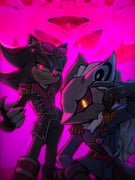 2boys black_doom black_gloves epaulettes eyewear_on_head furry furry_male gloves glowing glowing_eyes highres idol infinite_(sonic) kpop_demon_hunters kumo_zd male_focus mask multiple_boys official_alternate_costume pink-tinted_eyewear pink_background red_eyes shadow_the_hedgehog shadow_the_hedgehog_(idol) shirt sonic_(series) sonic_channel sonic_forces sonic_forces:_speed_battle sword tinted_eyewear weapon white_shirt yellow_eyes rating:g score:4 post #9616086