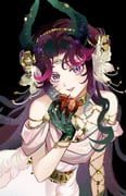 1girl anjo_nala apple bare_shoulders black_background black_hair black_horns cropped demon_girl demon_horns dress flower food fruit gloves gold_choker gradient_hair green_gloves grin hair_flower hair_ornament hand_up highres holding holding_food holding_fruit horns multicolored_hair off-shoulder_dress off_shoulder official_alternate_costume purple_eyes purple_hair reverse:1999 sijiu_49 smile solo upper_body white_dress white_flower rating:g score:0 post #10174455