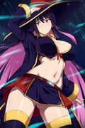 1girl arm_up ass_visible_through_thighs belt breasts commentary contrapposto english_commentary hair_between_eyes hat highres large_breasts lindaroze long_hair long_sleeves looking_to_the_side multicolored_hair navel parted_lips pink_hair puffy_sleeves purple_hair red_eyes red_skirt sentai_red_ga_isekai_de_boukensha_ni_naru skirt solo thighhighs thighs twitter_username two-tone_hair very_long_hair web_address witch_hat yihdra_arvoln rating:s score:5 post #10175492