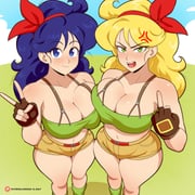 2girls absurdres anger_vein blonde_hair blue_eyes blue_hair breast_press breasts crop_top curly_hair daf_n_half dragon_ball dragon_ball_(classic) green_eyes green_tank_top hairband highres large_breasts long_hair looking_at_viewer lunch_(bad)_(dragon_ball) lunch_(dragon_ball) lunch_(good)_(dragon_ball) middle_finger multiple_girls open_mouth red_hairband shorts smile standing symmetrical_docking tank_top v wide_hips yellow_shorts rating:s score:3 post #10175354
