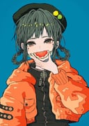1girl badge beret black_hat black_jacket blue_background braid braided_hair_rings brown_eyes button_badge covering_own_mouth cropped_jacket facial_mark food fruit grapefruit grapefruit_slice green_hair green_nails hair_rings hat holding holding_food holding_fruit hood hood_down hooded_jacket jacket looking_at_viewer open_clothes open_jacket orange_jacket original outdoors padded_jacket rin_(rinchoco91) simple_background solo rating:g score:3 post #10159113