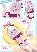 1girl alternate_costume bikini blue_archive buoy choker deadnooodles english_text hair_ornament hair_ribbon hairband halo highres legs_up long_hair looking_at_viewer lying multiple_views mutsuki_(blue_archive) on_back on_stomach open_mouth pointy_ears purple_eyes red_bikini red_halo ribbon sandals single-shoulder_bikini slides smile swim_ring swimsuit white_hair rating:s score:34 post #9718615