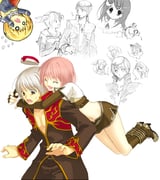 1boy 2000s_(style) 2girls alchemist_(ragnarok_online) biretta black_coat black_pants blonde_hair brown_gloves brown_shirt brown_skirt closed_eyes coat commentary_request crop_top elbow_gloves fingerless_gloves full_body gloves gold_trim grey_eyes grey_hair hat hug hug_from_behind hunter_(ragnarok_online) long_sleeves midriff miniskirt multicolored_coat multiple_girls navel o_o open_mouth pants pink_hair priest_(ragnarok_online) ragnarok_online red_coat red_hat shirt short_hair short_sleeves skirt smile surprise_hug surprised tsukada_tozu two-tone_coat white_background rating:s score:0 post #10150937