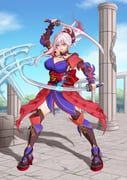1girl absurdres asymmetrical_bangs blue_eyes breasts dual_wielding earrings fate/grand_order fate_(series) fighting_stance full_body high_heel_sandals highres holding holding_sword holding_weapon jewelry large_breasts looking_at_viewer miyamoto_musashi_(fate) open_mouth pillar pink_hair punnosalt red_sash ruins sandals sash shadow solo sword thighhighs variant_set weapon rating:s score:2 post #10174756