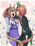 2girls alternate_costume animal_ears black_pants blue_thighhighs blush bow brown_eyes brown_hair checkered_ribbon eye_contact face-to-face flower gloves hair_bow hair_ribbon highres horse_ears horse_girl horse_tail intertwined_tails kabedon long_hair long_sleeves looking_at_another multiple_girls open_mouth orange_hair pants pink_bow purple_bow red_ribbon ribbon school_uniform shino_(ponjiyuusu) short_hair silence_suzuka_(umamusume) smart_falcon_(umamusume) standing suit tail tail_wrap thighhighs tracen_school_uniform umamusume white_flower white_gloves yellow_bow yuri zettai_ryouiki rating:g score:7 post #10173066