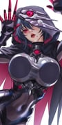 1girl black_bodysuit black_cape black_hood blush bodysuit breast_press breasts cape chinese_commentary chromatic_aberration clawed_gauntlets commentary_request covered_navel grey_hair hair_between_eyes highres honkai_(series) honkai_impact_3rd large_breasts looking_at_viewer mole mole_under_eye one_eye_covered open_mouth pink_eyes raven_(honkai_impact) short_hair solo unfinished wo_jiushi_kanbudong rating:s score:20 post #9638887