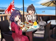 2girls akizuki_(kancolle) akizuki_(yukata)_(kancolle) black_hair black_headband black_pantyhose blue_sky chair checkered_clothes checkered_kimono cloud commentary_request day food grey_eyes hair_flaps headband hitakikan japanese_clothes kantai_collection kimono long_hair multiple_girls official_alternate_costume outdoors pantyhose pleated_skirt ponytail purple_hair red_eyes red_sailor_collar red_shirt red_skirt rising_sun_flag ryuuhou_(kancolle) sailor_collar shaved_ice shirt skirt sky sunburst table taigei_(kancolle) umbrella water yukata rating:g score:11 post #9922254