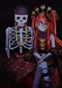 1boy 1girl batik black_background black_hat colored_skin commentary deadbeat_(mori_calliope) dress feet_out_of_frame grey_skin hat heterochromia highres himuhino hololive hololive_english hololive_indonesia indonesian_clothes indonesian_commentary kureiji_ollie kureiji_ollie_(indonesian_dress) long_hair looking_at_viewer multicolored_skin official_alternate_costume patchwork_skin red_hair ribs sitting skeleton skull smile songkok stitched_arm stitched_face stitched_torso stitches two-tone_skin virtual_youtuber wedding_dress zombie rating:s score:30 post #6226603
