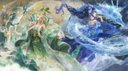2girls all_is_non-being_(shining_nikki) animal bare_shoulders beads bird blue_eyes blue_flower blue_hair blue_hanfu bracelet braid chinese_clothes chinese_commentary chinese_hairpin circlet closed_eyes closed_mouth commentary_request crown expressionless eyeshadow feet_out_of_frame floating_clothes floating_hair flower gold_crown gold_necklace green_eyes green_hair green_hanfu green_robe hagoromo hair_beads hair_bun hair_flower hair_ornament hair_rings half_updo hanfu highres hydrokinesis jewelry light_particles lipstick long_hair long_sidelocks long_sleeves makeup mountain multiple_girls necklace nikki_(series) nostrils off_shoulder outdoors pointy_nose red_lips robe sasora shawl shining_nikki shoulder_blades sidelocks single_braid single_hair_bun smoke swallow_(bird) thousand-mile_heartland_(shining_nikki) very_long_hair water water_drop waves wide_sleeves rating:g score:0 post #10171964
