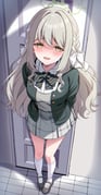 1girl :d absurdres black_shoes blazer blue_archive blush bow bowtie braid breasts closing_door collared_shirt commentary_request crouching_start diagonal-striped_bow diagonal-striped_bowtie diagonal-striped_clothes foreshortening full_body furrowed_brow green_bow green_bowtie green_halo green_jacket grey_hair grey_skirt grey_sweater_vest hair_bow hair_intakes halo highres indoors jacket kneehighs large_breasts long_hair looking_at_viewer mary_janes miniskirt miyo_(blue_archive) open_mouth plaid_clothes plaid_skirt pleated_skirt school_uniform shaded_face shirt shoes skirt smile socks solo standing striped_bow striped_bowtie striped_clothes sweater_vest textless_version wavy_hair white_bow white_shirt white_socks yandere yellow_eyes rating:s score:20 post #10167825