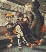 :3 aak_(arknights) absurdres arknights black_boots black_hair black_hoodie black_shorts boots building china_dress chinese_clothes commentary_request dress ev-oo furry furry_female furry_male highres hood hoodie hung_(arknights) jewelry necklace orange_shoes shoes short_hair shorts smile tail tiger_tail train_interior waai_fu_(arknights) white_hair rating:g score:8 post #9878491