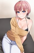 1girl asymmetrical_sleeves black_bra blue_eyes bra breasts cleavage closed_mouth commentary couch denim earrings go-toubun_no_hanayome highres igarashi_kyouhei indoors jeans jewelry large_breasts looking_at_viewer nakano_ichika on_couch pants pink_hair short_hair single-shoulder_sweater single_sleeve sitting smile solo sweater underwear uneven_sleeves white_pants yellow_sweater rating:s score:45 post #4518290