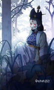 1girl absurdres black_hair blue_shirt forest glowing glowing_eyes highres joseon_dynasty korea korean_clothes looking_at_viewer medium_hair mole mole_under_eye nature original outdoors puffy_pants red_eyes shirt sitting sjhsh352 solo rating:g score:4 post #9093025