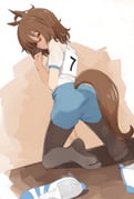 1girl agnes_tachyon_(umamusume) animal_ears ass black_pantyhose blue_shorts brown_hair closed_mouth commentary commission english_commentary feet from_behind gym_shorts gym_uniform highres horse_ears horse_girl horse_tail kneeling looking_at_viewer looking_back medium_hair no_shoes pantyhose pantyhose_under_shorts puffy_short_sleeves puffy_sleeves recklessdraw red_eyes shirt shoes short_sleeves shorts sneakers soles solo tail toes umamusume unworn_shoes white_shoes rating:s score:5 post #10175582
