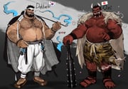 2boys animal_print bara bare_pectorals beard belly cape chin_horns clothes_on_shoulders colored_skin dopey_(dopq) extra_horns facial_hair fang fang_out fingernails foot_hair full_beard hand_hair headband highres japanese_flag kanbu large_pectorals looking_at_viewer male_focus mature_male monster_boy mouth_trail multiple_boys muscular muscular_male navel navel_hair nipples oni original pectorals planted plump red_skin sharp_fingernails sharp_teeth short_hair smirk smoking_pipe south_korean_flag standing stomach teeth thick_arm_hair thick_beard thick_chest_hair thick_eyebrows tiger_print unfinished very_hairy rating:s score:13 post #9755192